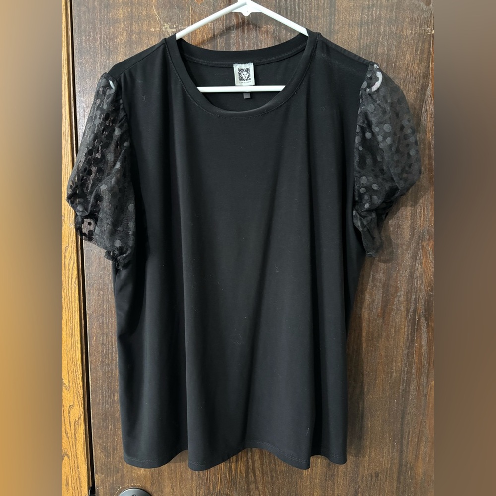 Anne Klein Black Top with Sheer Polka Dot Sleeves